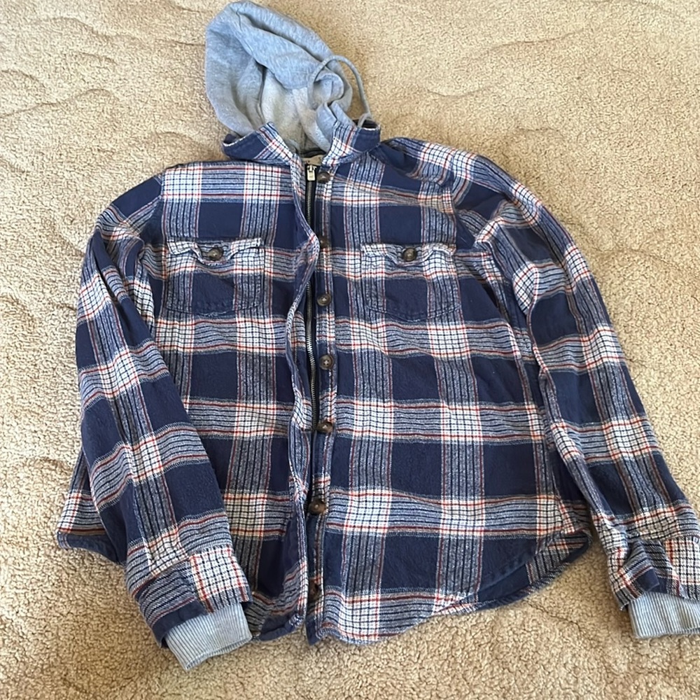 Hollister women size small zip up flannel with hood colors red and navy - Picture 1 of 9